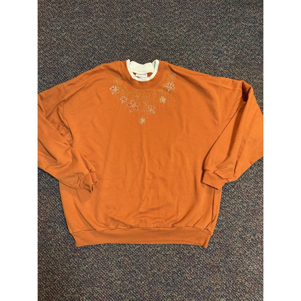 Womens Y2K Liberty Lane Fall Leaves Sparkle Sweatshirt Burnt Orange Grandma